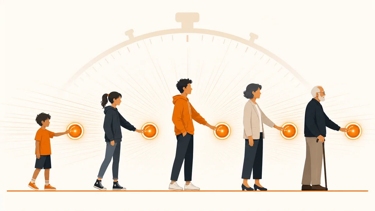 Five people from child to senior reaching for a button, illustrating how reaction time changes across ages